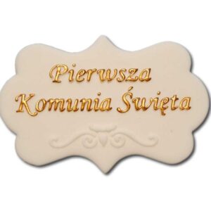 Plakietka cukrowa na tort Komunia biała napis złoty