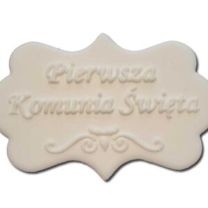 Plakietka cukrowa na tort Komunia biały napis