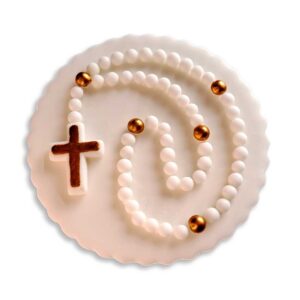 Plakietka cukrowa różaniec na tort Komunia Chrzest biało-złota