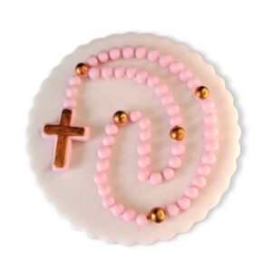 Plakietka cukrowa różaniec na tort Komunia Chrzest różowy